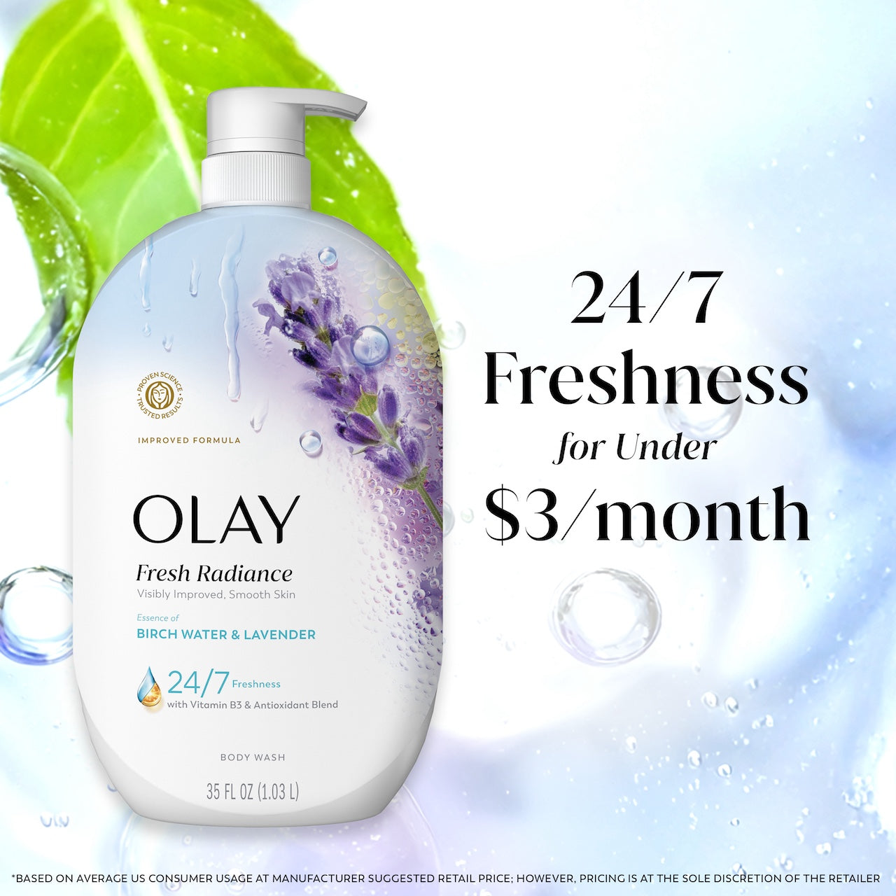 Fresh Radiance Body Wash bottle with leaves and watermelon in water. 24/7 freshness for under $3 a month