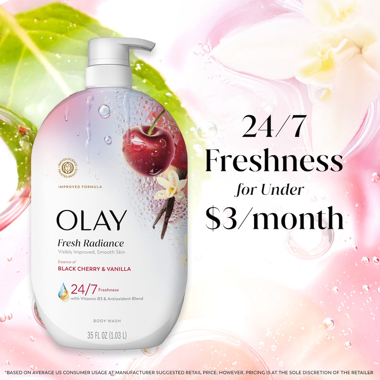 Fresh Radiance Body Wash bottle with leaves and watermelon in water. 24/7 freshness for under $3 a month