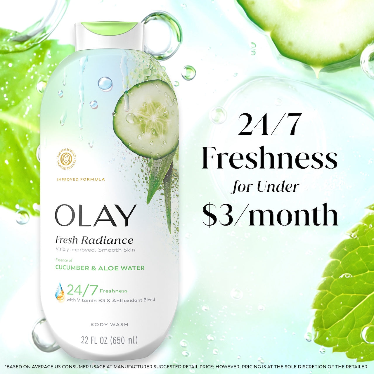 Fresh Radiance Body Wash bottle with leaves and watermelon in water. 24/7 freshness for under $3 a month