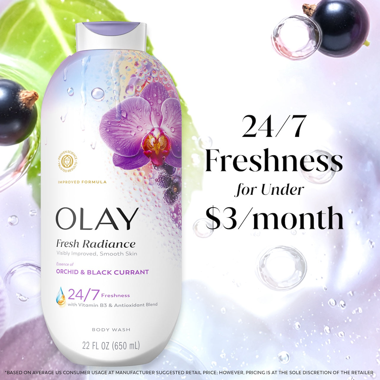 Fresh Radiance Body Wash bottle with leaves and watermelon in water. 24/7 freshness for under $3 a month