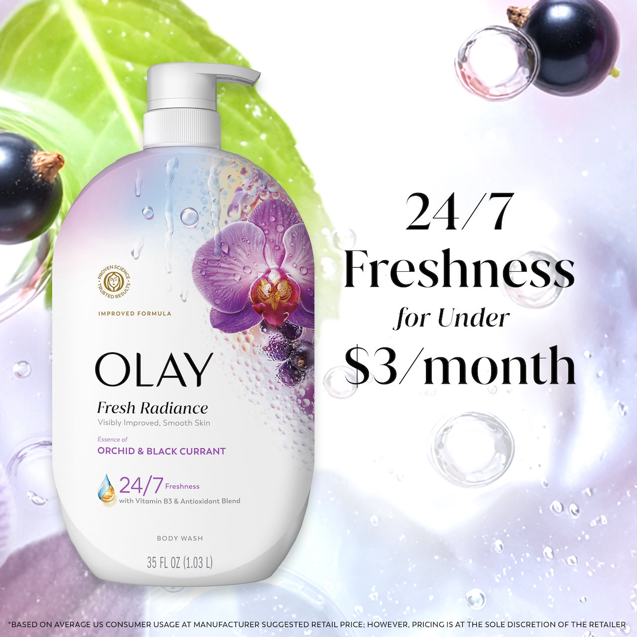 Fresh Radiance Body Wash bottle with leaves and watermelon in water. 24/7 freshness for under $3 a month