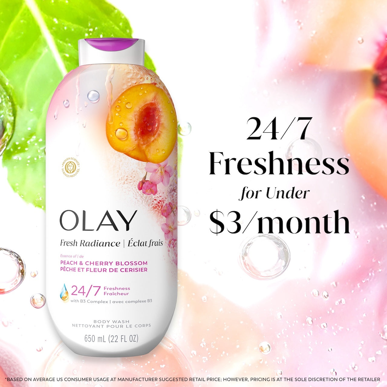 Fresh Radiance Body Wash bottle with leaves and watermelon in water. 24/7 freshness for under $3 a month