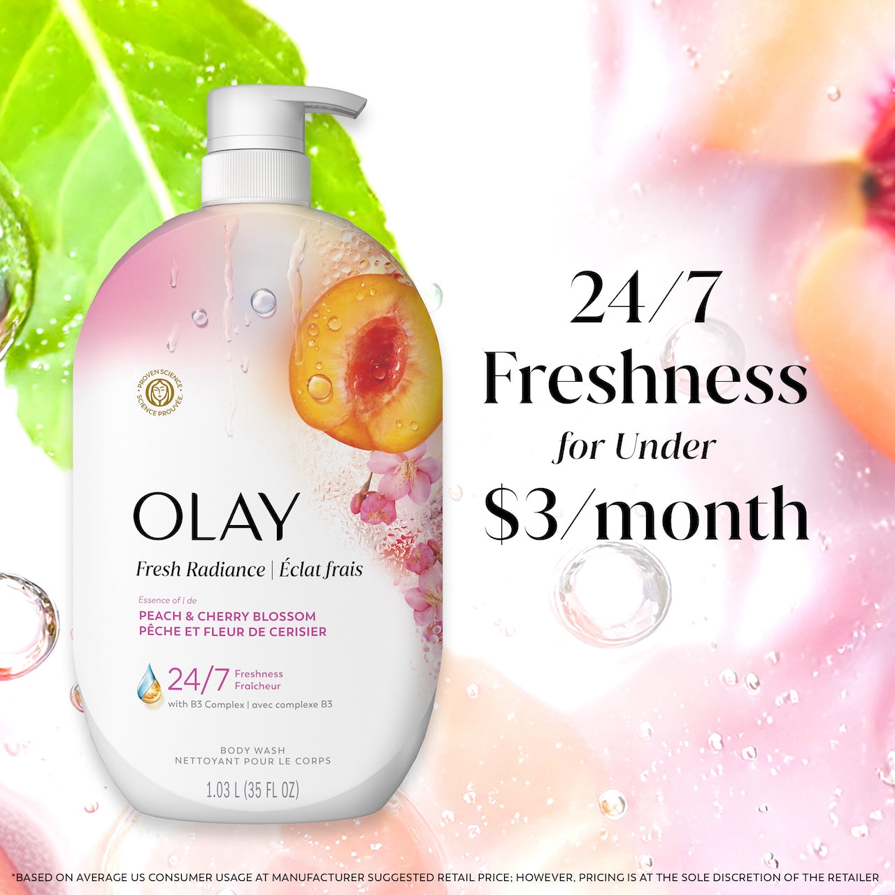 Fresh Radiance Body Wash bottle with leaves and watermelon in water. 24/7 freshness for under $3 a month