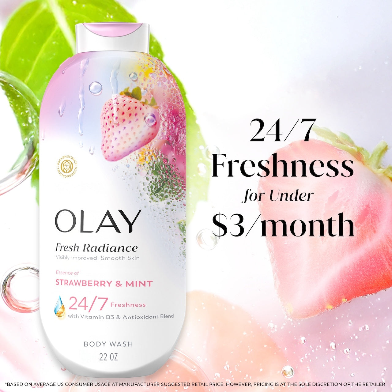 Fresh Radiance Body Wash bottle with leaves and watermelon in water. 24/7 freshness for under $3 a month