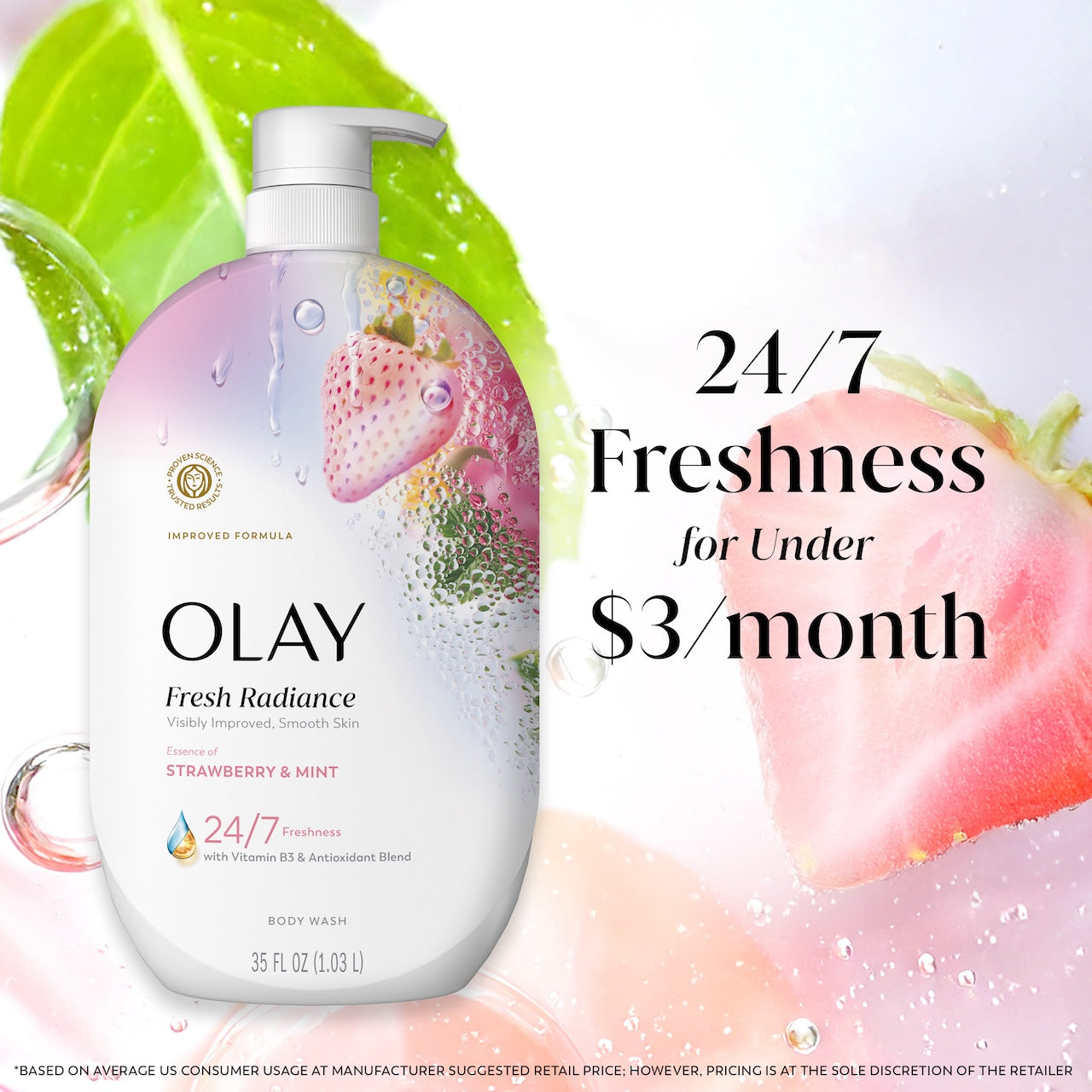 Fresh Radiance Body Wash bottle with leaves and watermelon in water. 24/7 freshness for under $3 a month