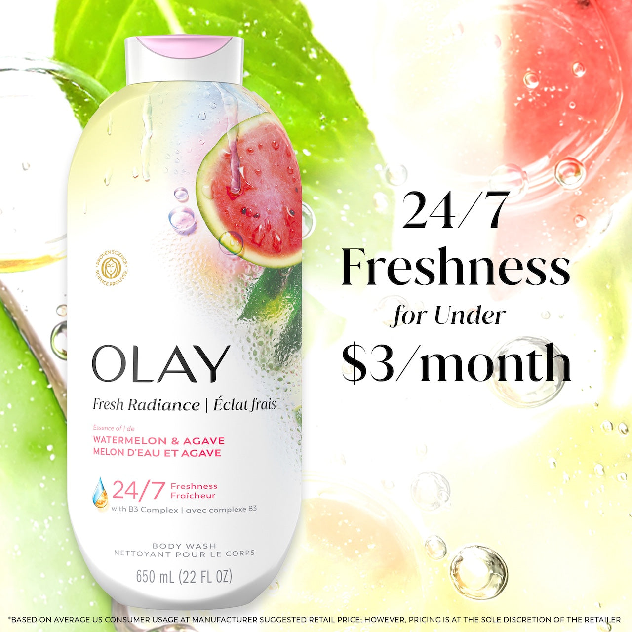 Fresh Radiance Body Wash bottle with leaves and watermelon in water. 24/7 freshness for under $3 a month