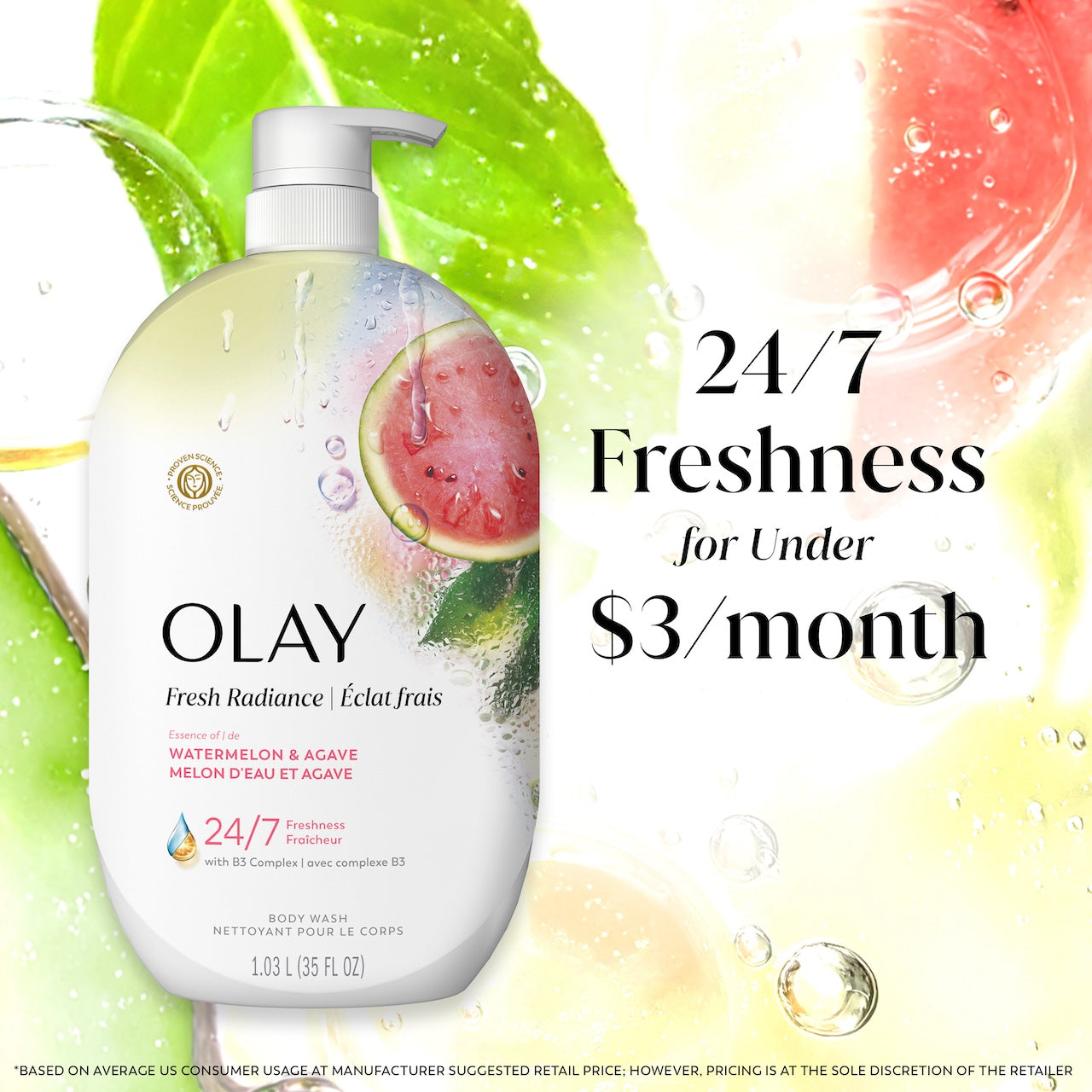 Fresh Radiance Body Wash bottle with leaves and watermelon in water. 24/7 freshness for under $3 a month