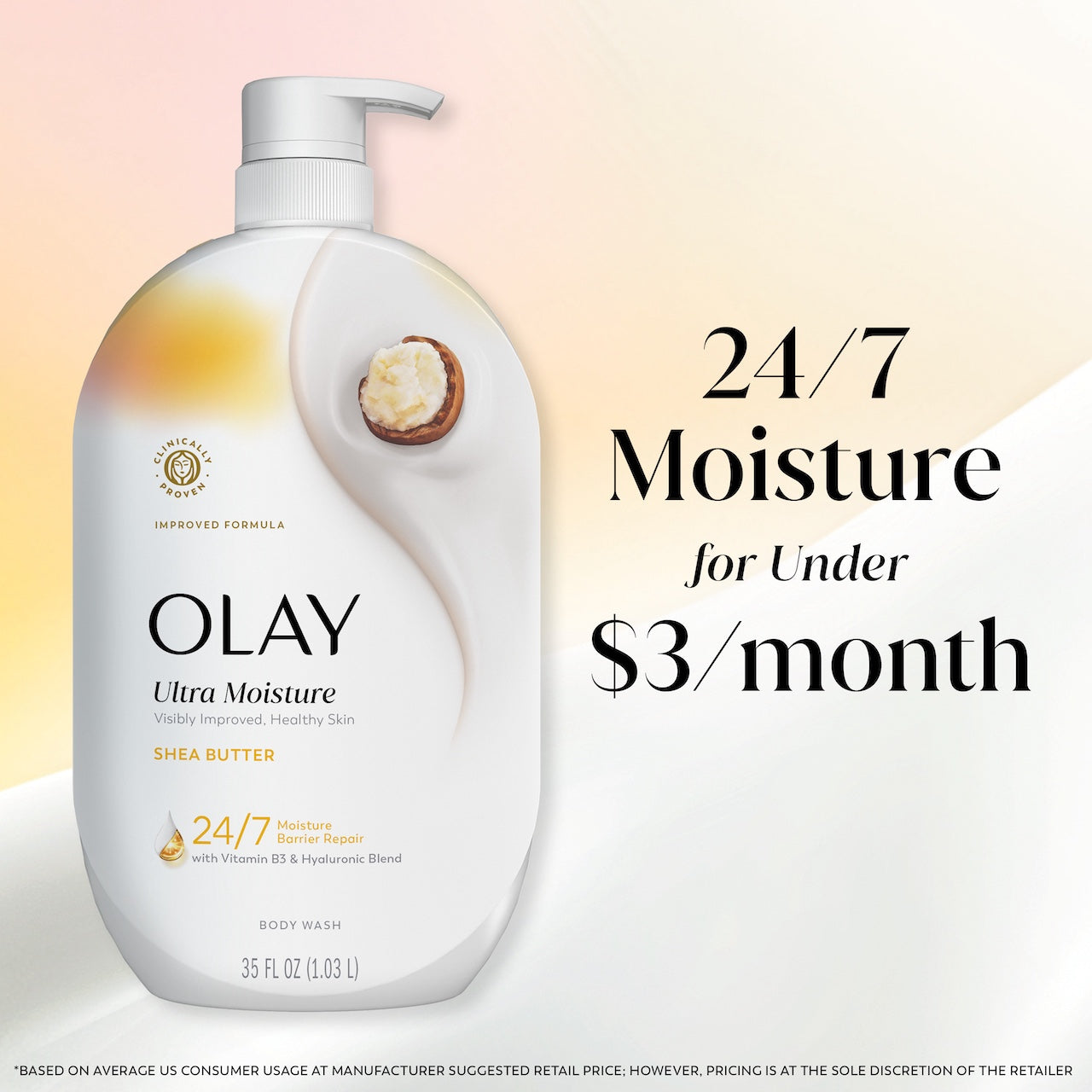 Olay Ultra Moisture Body Wash with Shea Butter, Vitamin B3 and Hyaluronic Blend. 24/7 moisture for under $3 a month