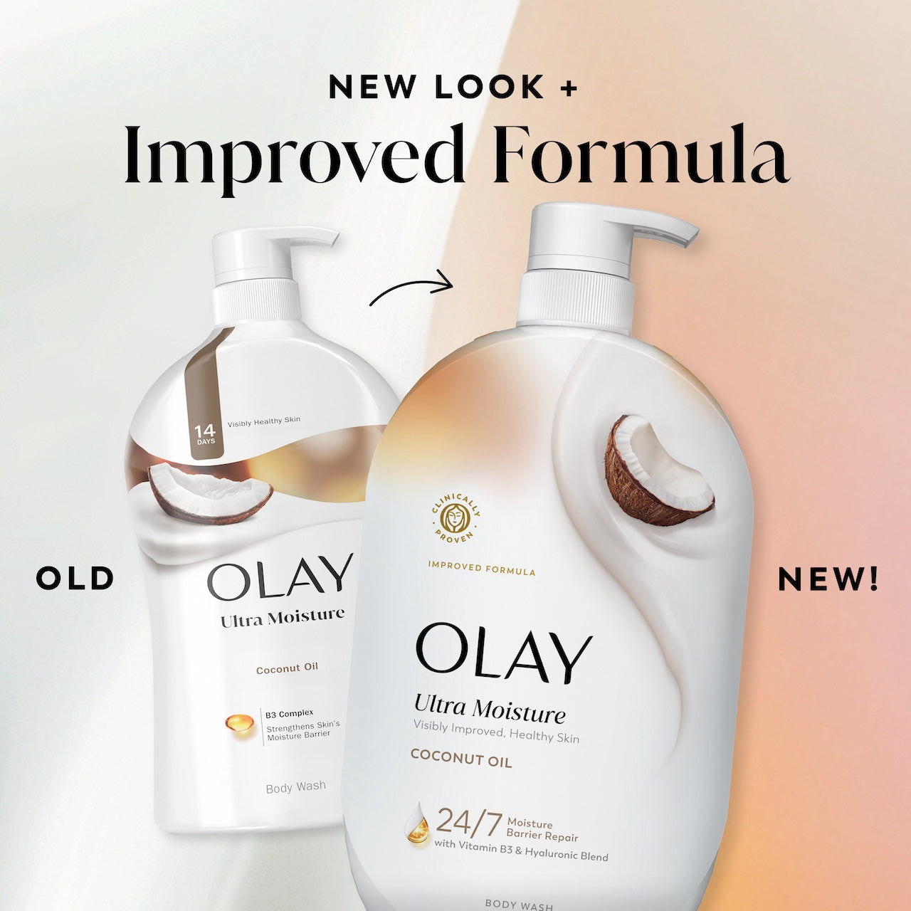 Olay Ultra Moisture Body Wash old and new bottle design. New look plus improved formula