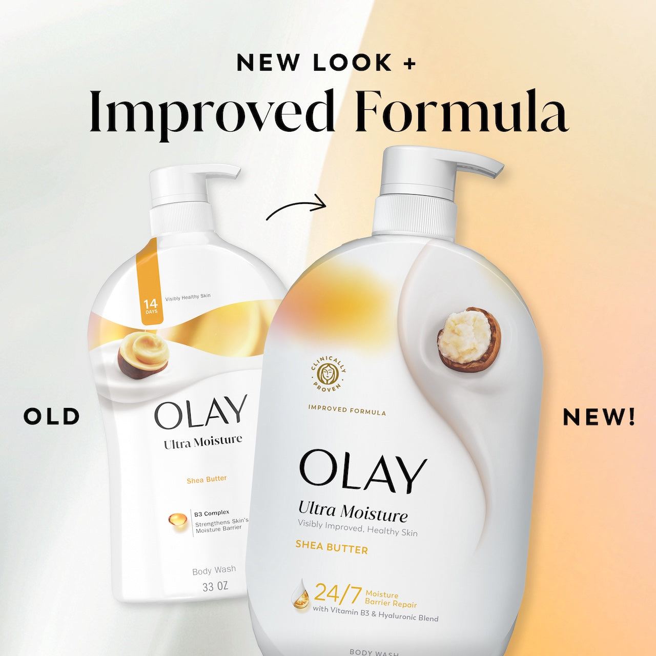 Olay Ultra Moisture Body Wash with Shea Butter, Vitamin B3 and Hyaluronic Blend, old and new bottle design. New look plus improved formula