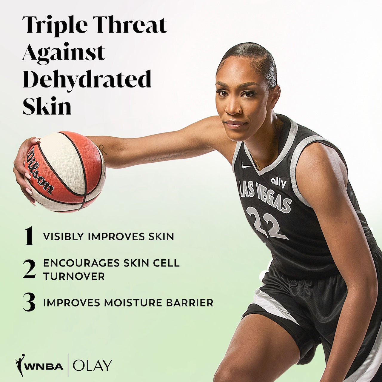 A'jA Wilson posing with basketball in a Las Vegas WNBA Jersey. Triple Threat Against Dehydrated Skin. Visibly improves skin, encourages skin cell turnover, improves moisture barrier.