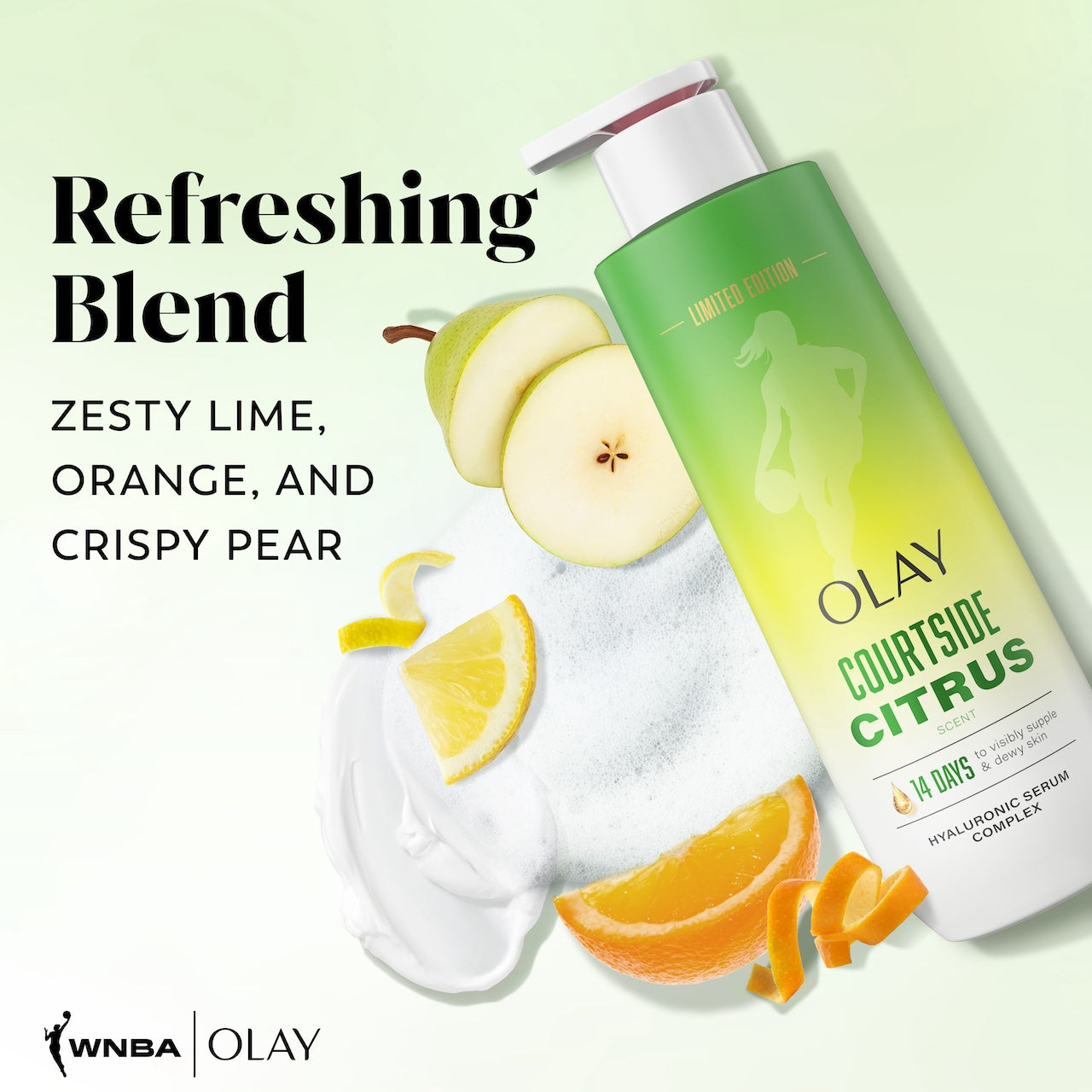 Intensely Hydrating Body Wash bottle. Refreshing blend. Zesty Lime, Orange, and Crispy Pear.