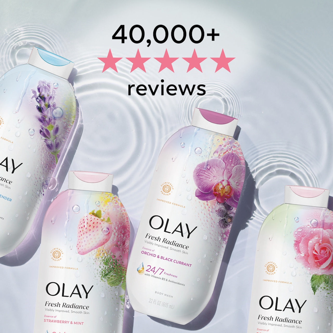 Fresh Radiance Body Wash 4 bottle lineup laying in water. 40,000 5 star reviews