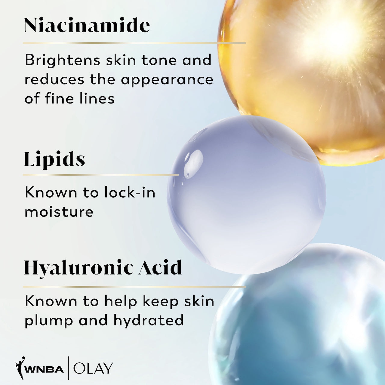 Ingredients. Niacinamide brightens skin tone and reduces the appearance of fine lines. Lipids known to lock in moisture. Hyaluronic Acid known to help keep skin plump and hydrated