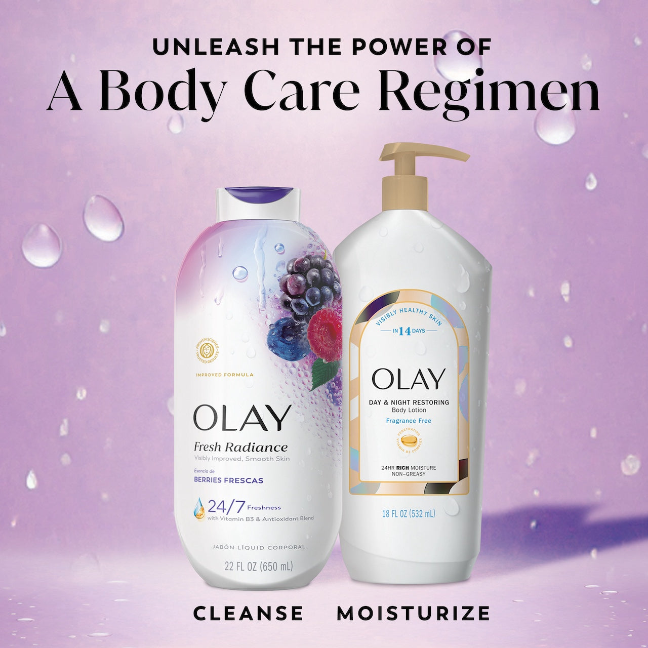 Fresh Radiance Body Wash bottle and day and night restoring body lotion bottle. Unleash the power of a body care regimen. Cleanse moisturize.