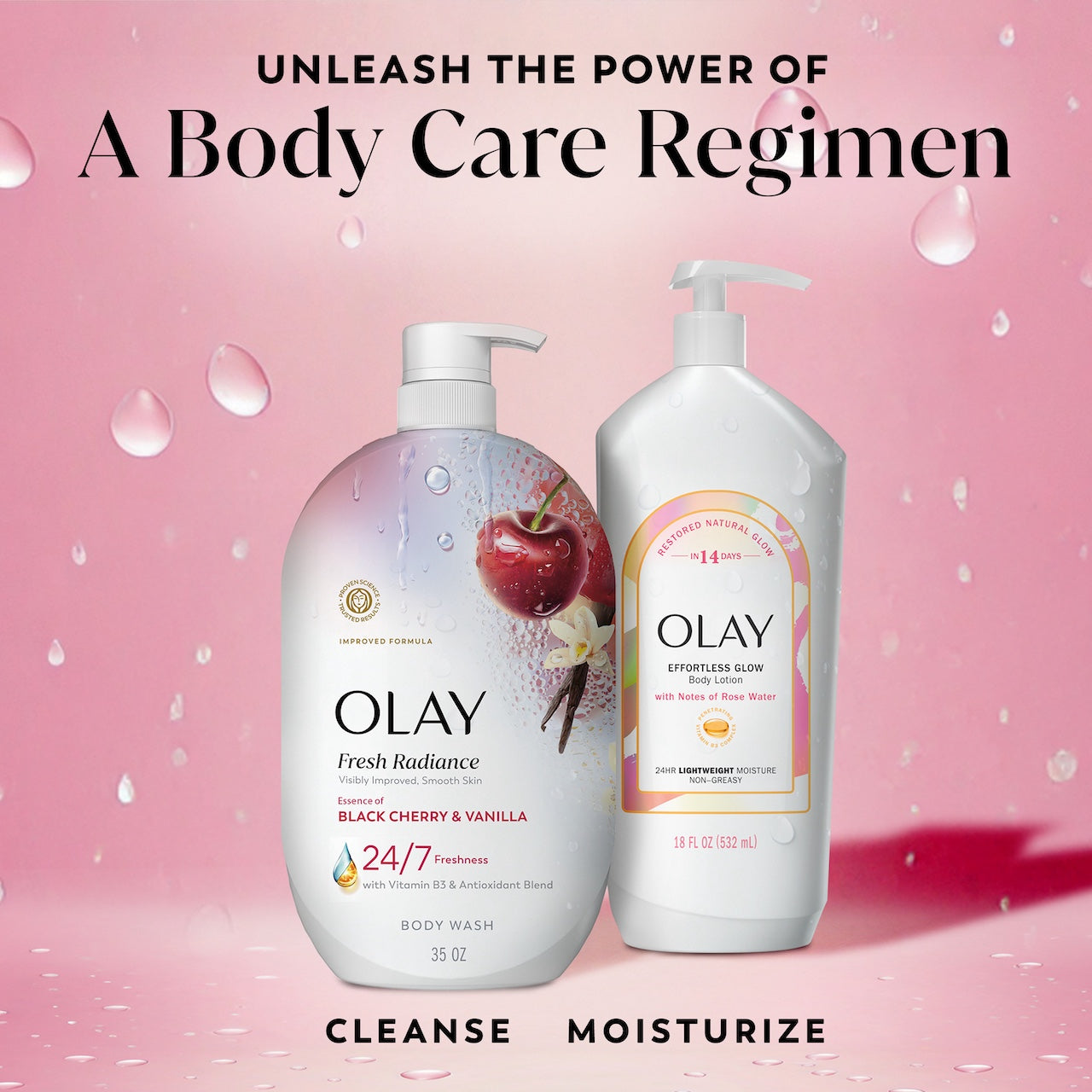 Fresh Radiance Body Wash bottle and effortless glow body lotion bottle. Unleash the power of a body care regimen. Cleanse moisturize.