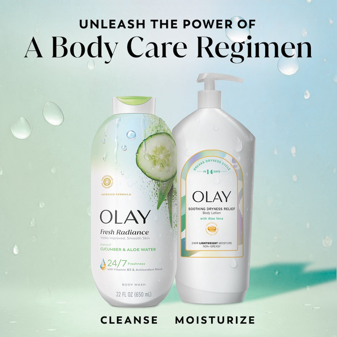 Fresh Radiance Body Wash bottle and effortless glow body lotion bottle. Unleash the power of a body care regimen. Cleanse moisturize.