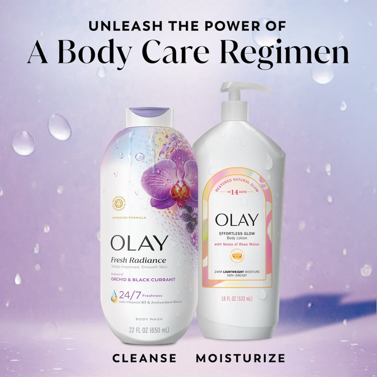 Fresh Radiance Body Wash bottle and effortless glow body lotion bottle. Unleash the power of a body care regimen. Cleanse moisturize.