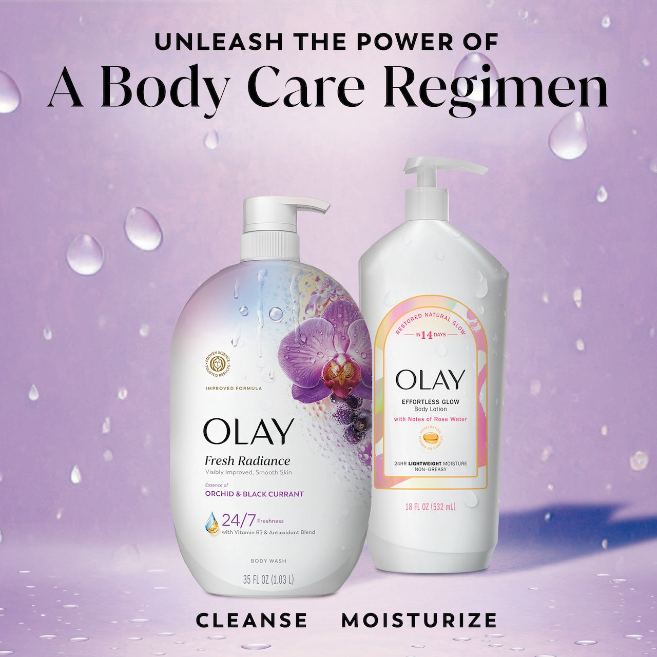 Fresh Radiance Body Wash bottle and effortless glow body lotion bottle. Unleash the power of a body care regimen. Cleanse moisturize.