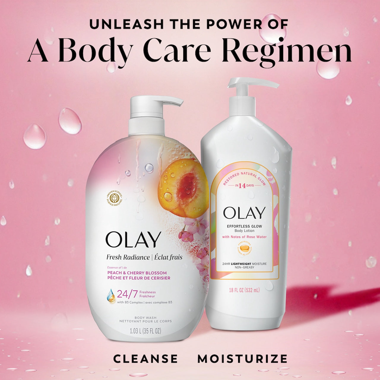 Fresh Radiance Body Wash bottle and effortless glow body lotion bottle. Unleash the power of a body care regimen. Cleanse moisturize.