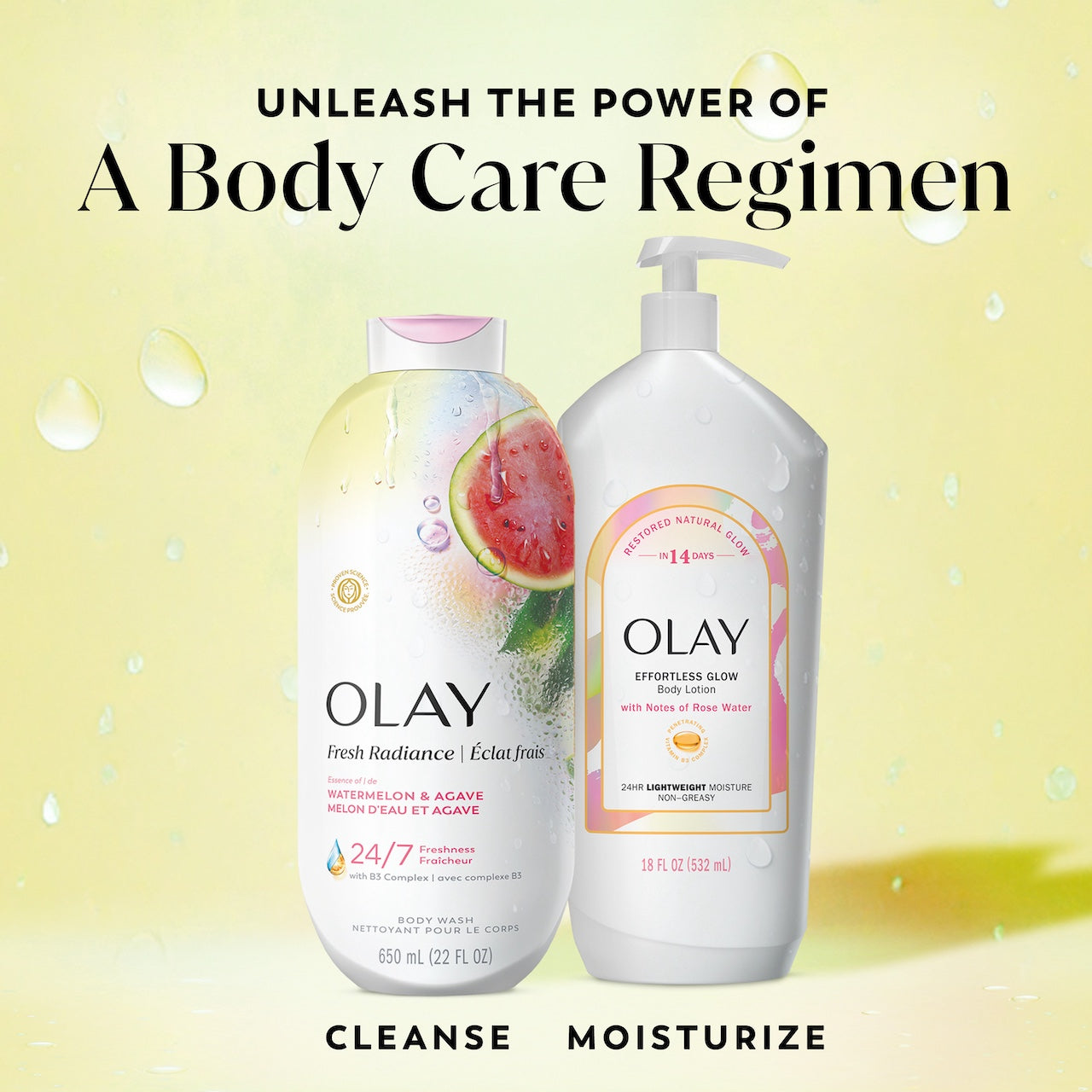 Fresh Radiance Body Wash bottle and effortless glow body lotion bottle. Unleash the power of a body care regimen. Cleanse moisturize.