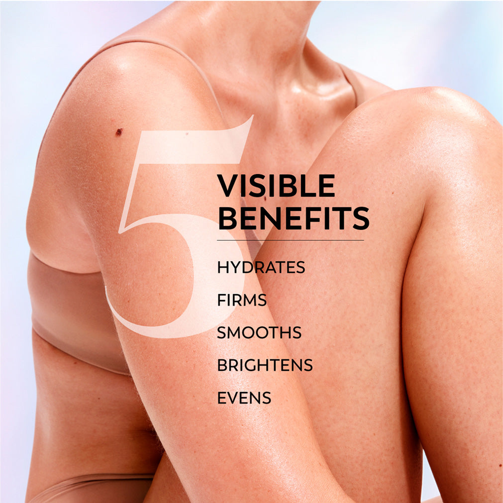 Model posing. 5 visible benefits. Hydrates, firms, smooths, brightens, evens.