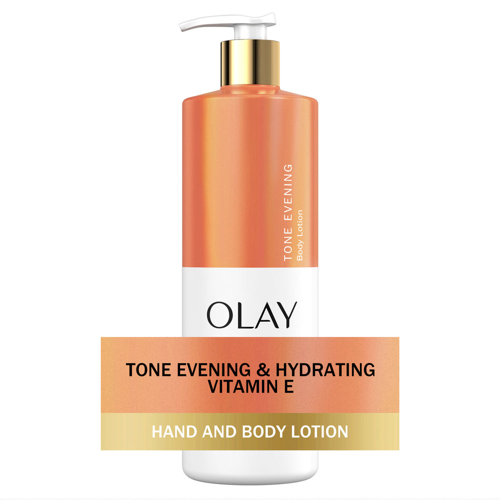 Olay Tone Evening & Hydrating Vitamin E hand and body lotion on a white background