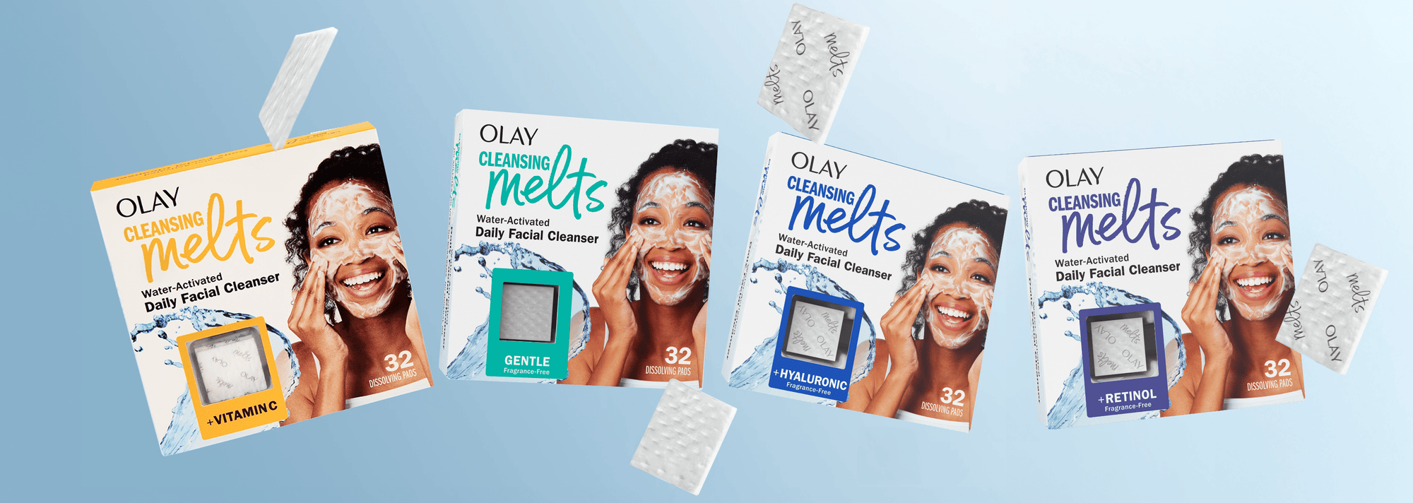 Four Olay Cleansing Melts packages floating with the individual melts square spinning beside them